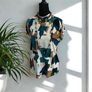 Calvin Klein Teal and Brown  Abstract Patterned Top